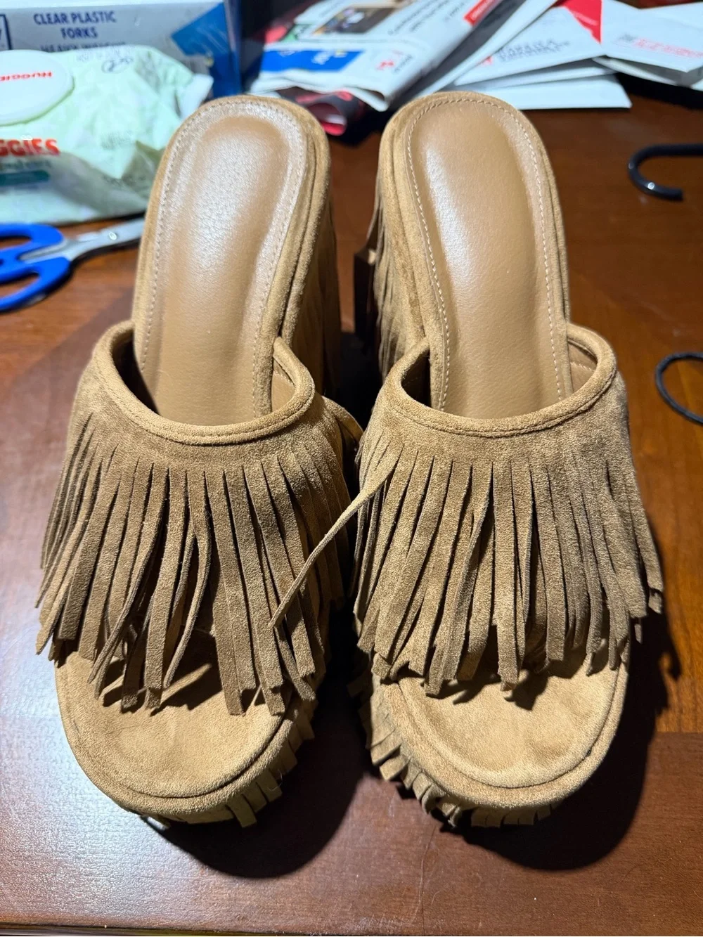 Fringe Platform Slip-On Sandals - Tan